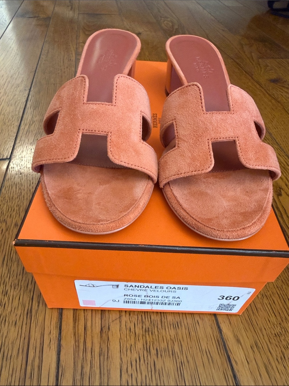Hermes Rose Suede Oasis H‑Cut Slide Sandals